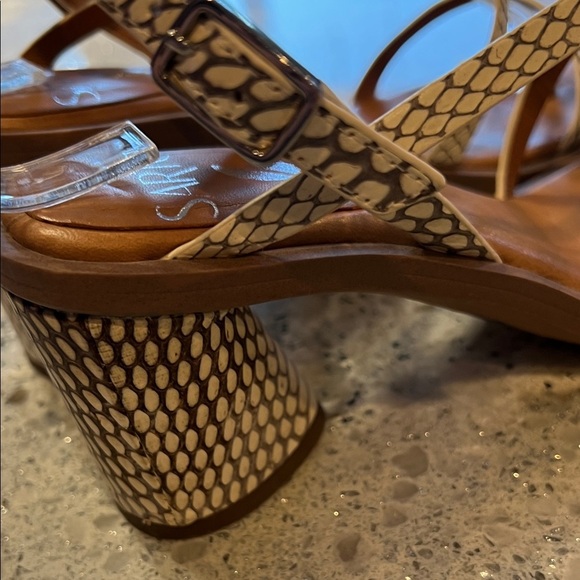 Like-new Franco Sarto Brown and Cream Strappy Heels - Picture 1 of 9